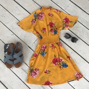 Floral mustard high neck mini dress